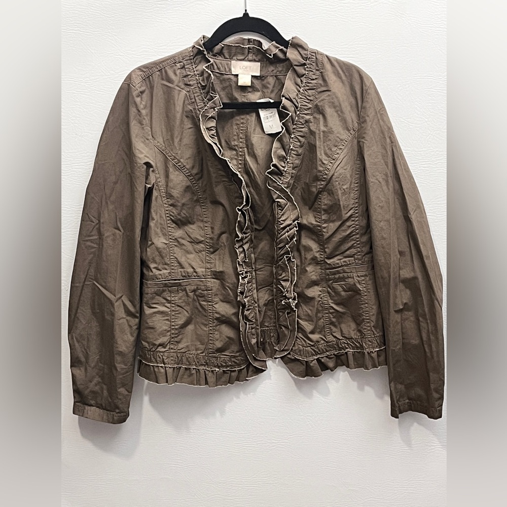 Loft Olive Green Ruffled Utility Blazer Jacket Medium NWT